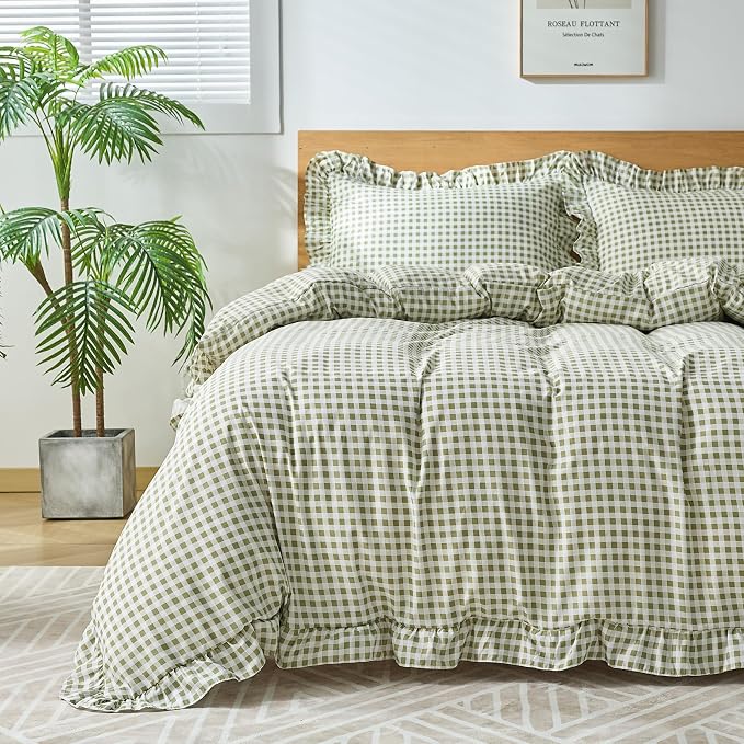 Gingham Duvet Cover Queen Size, 3 Pieces Soft Breathable Microfiber Plaid by Kisswish
