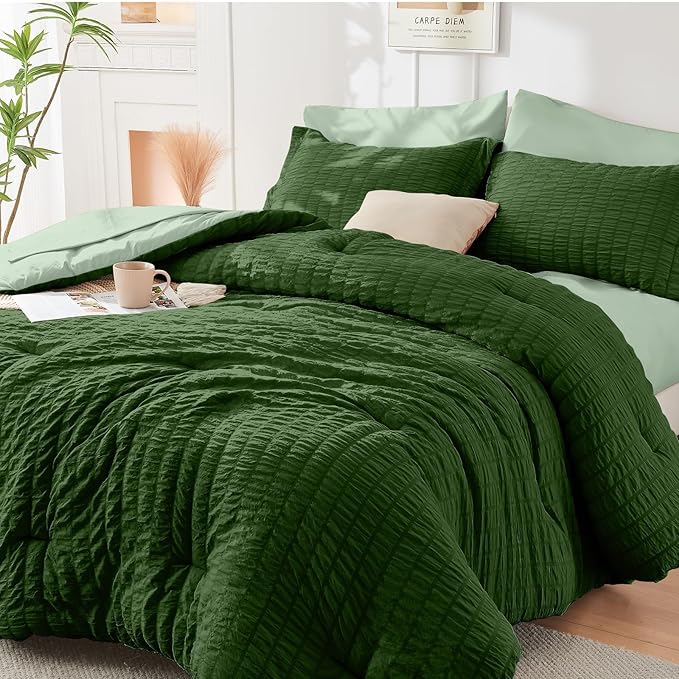 HYMOKEGE Dark Green/Sage Green California King Comforter Set Seersucker 7 Pieces by HYMOKEGE