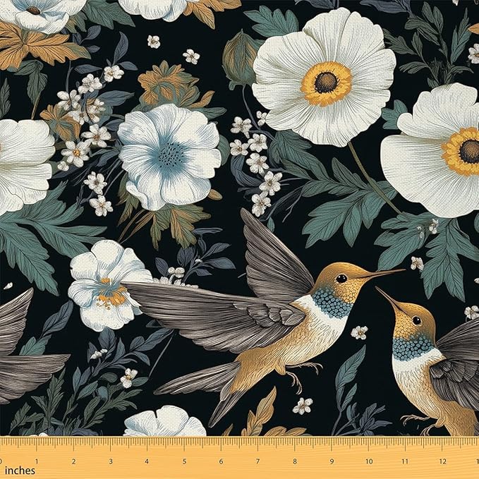Hummingbird Fabric by The Yard, Botanical Flowers Rustic DIY Art Project by CastleFairy