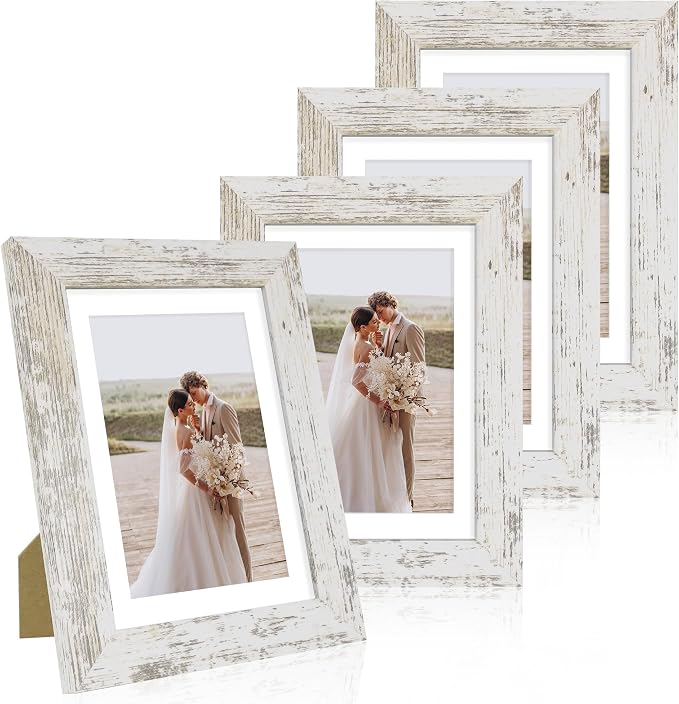 Hongkee 5x7 Picture Frame Set of 4, Made of Real Glass and Distressed White by Hongkee