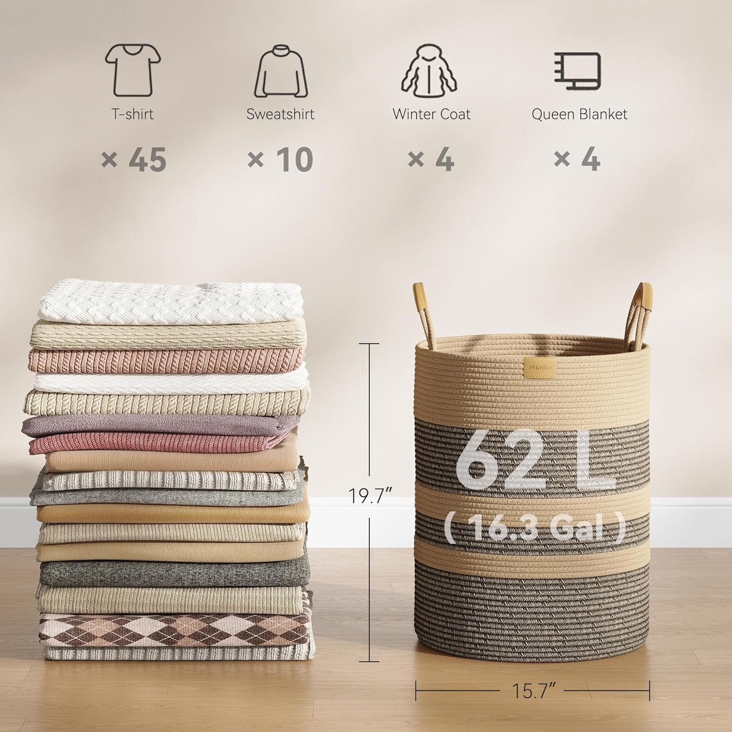 62L Striped Laundry Hamper with Leather Handles,Large Foldable Laundry Basket for Clothes,Cotton Rope Storage Bin for Blankets,Woven Clothes Basket for Bedroom,Dark Brown Stripes