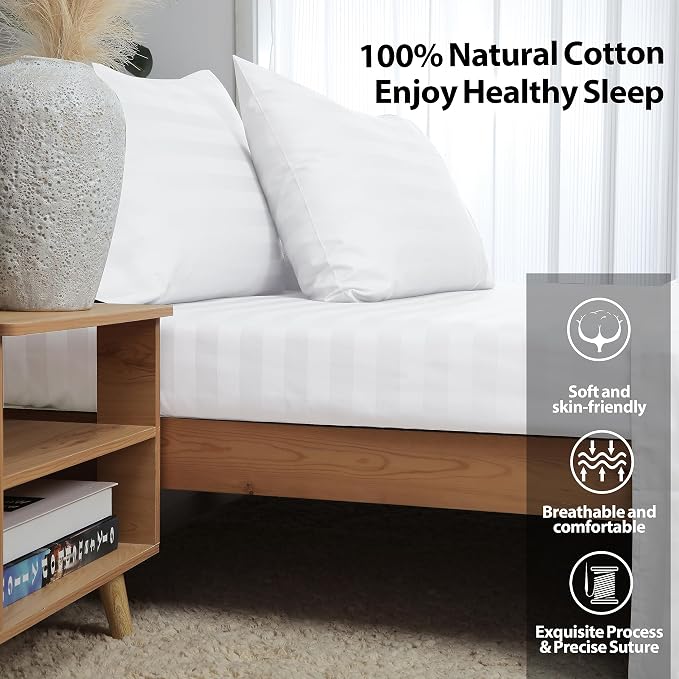 Full Size Striped Fitted Sheet Only White Color, 100% Egyptian Cotton 600 - Image 3