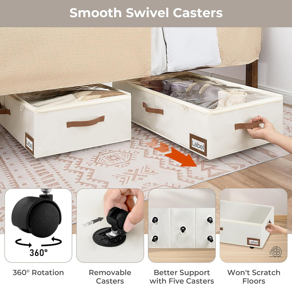 StorageWorks Under Bed Storage with Wheels, 10'' Underbed Storage Containers with Lid, 90L Clothes Organizer for Blankets, Sweaters, Bedding, 2-Pack, Beige