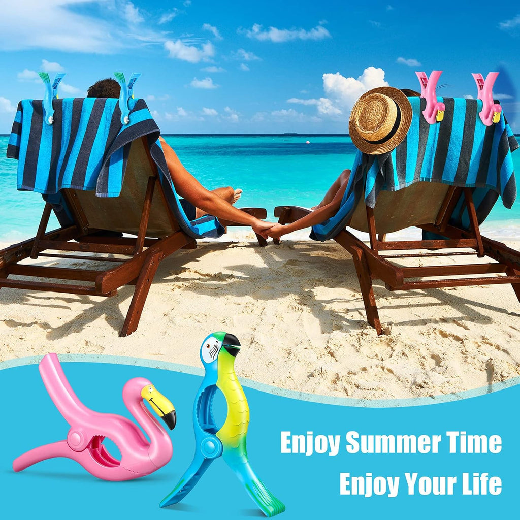 4 Pieces Beach Towel Clip Jumbo Size Chair Clips Towel Holder Clothes Pegs Christmas Stocking Clamp for Cruise Patio Pool Holiday Vacations(Parrot, Flamingo,Blue, Pink)