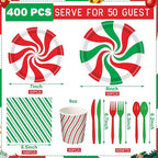 Pickmesh 400 Pcs Christmas Peppermint Candy Paper Plates Napkins Cups Cutlery - Image 3