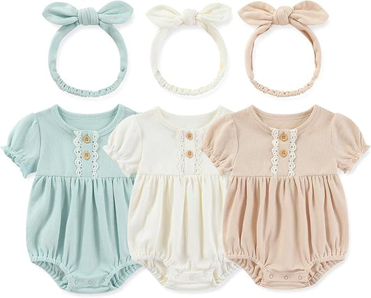 Newborn Baby Girl Clothes Cotton Bubble Romper Floral Short Sleeve Bodysuit 3 Pack