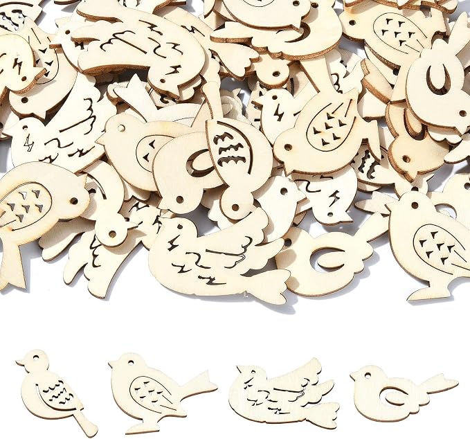 200 pcs Mixed Styles Bird Theme Undyed Wood Cutout Charms Spring Animal Wood by Gythara