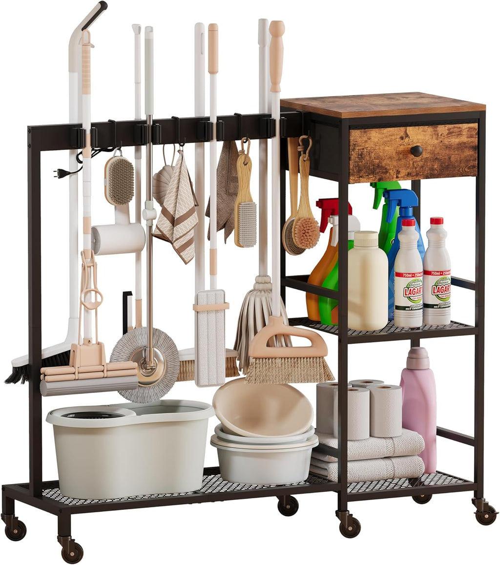 Heavy Duty Metal Cleaning Cart with Wheels,Broom Holder with Cleaning Supplies Organizer,Broom Storage Cart with Mop Hanger Gripper Rack Hooks for Home, Commercial (Rustic Brown, 37.6" L)