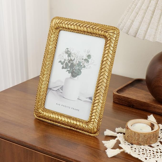 Cuspin Gold 4x6 Picture Frame, Ornate Decorative Rattan Resin Photo Frame - Image 6