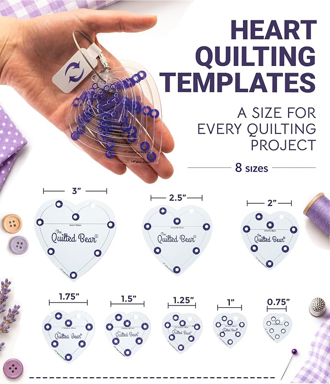 The Quilted Bear Heart Quilting Templates – 8 Clear Non-Slip Acrylic Quilt - Image 2