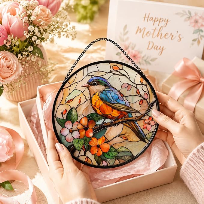 Birds and Flower Acrylic Suncatcher Faux Stained Glass Window Hanging 9.8" | - Image 4