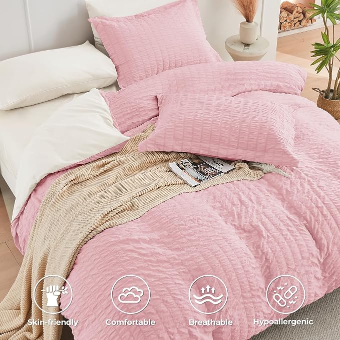 HYMOKEGE Pink/Ivory Twin Comforter Set Seersucker 5 Pieces, All Season Luxury - Image 4
