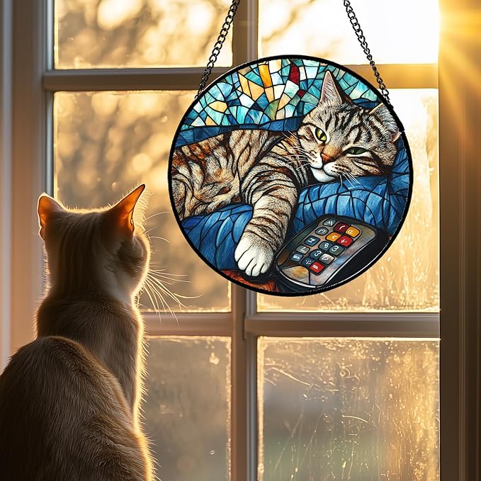 DASTOLL Stained Glass Window Hanging Gray Cat and Remote Control 6.3" - Image 2