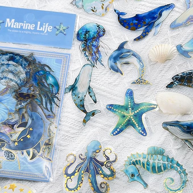50PCS Marine Animal Stickers Aesthetic Transparent PET Sticker Gold foil - Image 2
