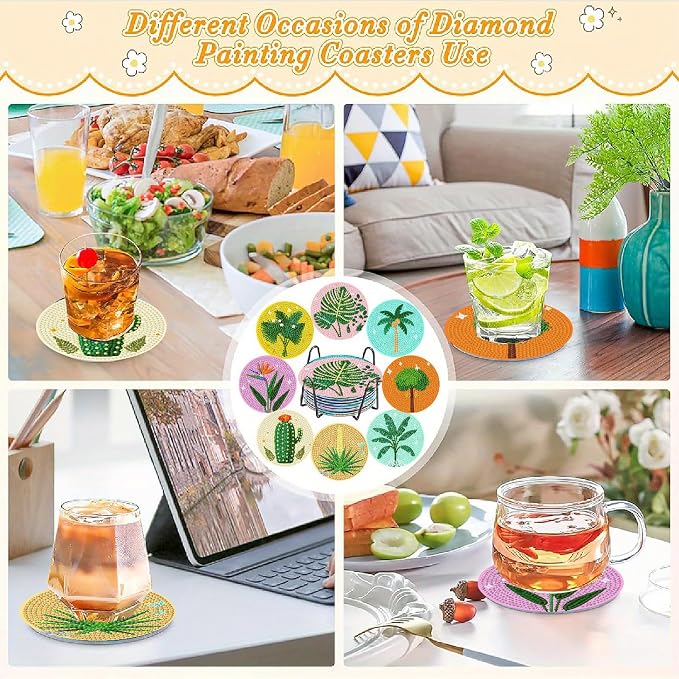 Clendo 8 Pcs Green Plants Diamond Painting Coasters Kits - Image 5