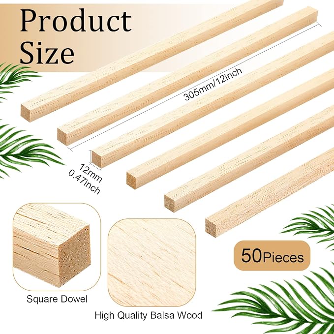 Yulejo 50 Pieces Balsa Wood Sticks, 1/2 x 1/2 x 12 Inch Square Wooden Dowels - Image 2