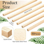 Yulejo 50 Pieces Balsa Wood Sticks, 1/2 x 1/2 x 12 Inch Square Wooden Dowels - Image 2