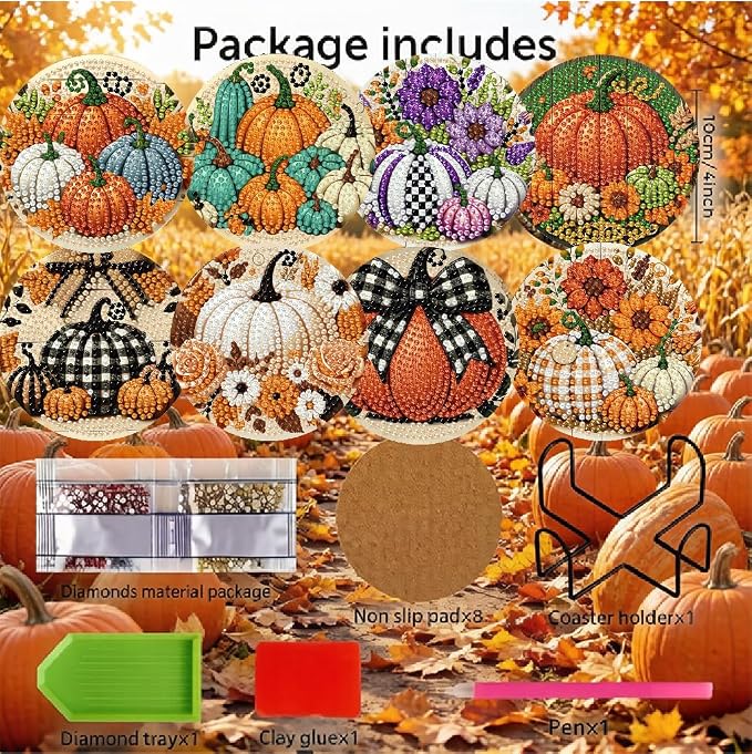 LWZAYS 8 PCS Fall Pumpkin Diamond Art Coaster Kits - Image 2
