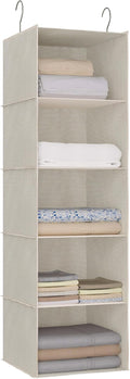 Hanging Closet Organizer, Easy Mount Foldable 5-Shelf Hanging Closet Wardrobe Storage Shelves, Clothes Handbag Shoes Accessories Storage, Imitation Linen Fabric, Beige Houndstooth