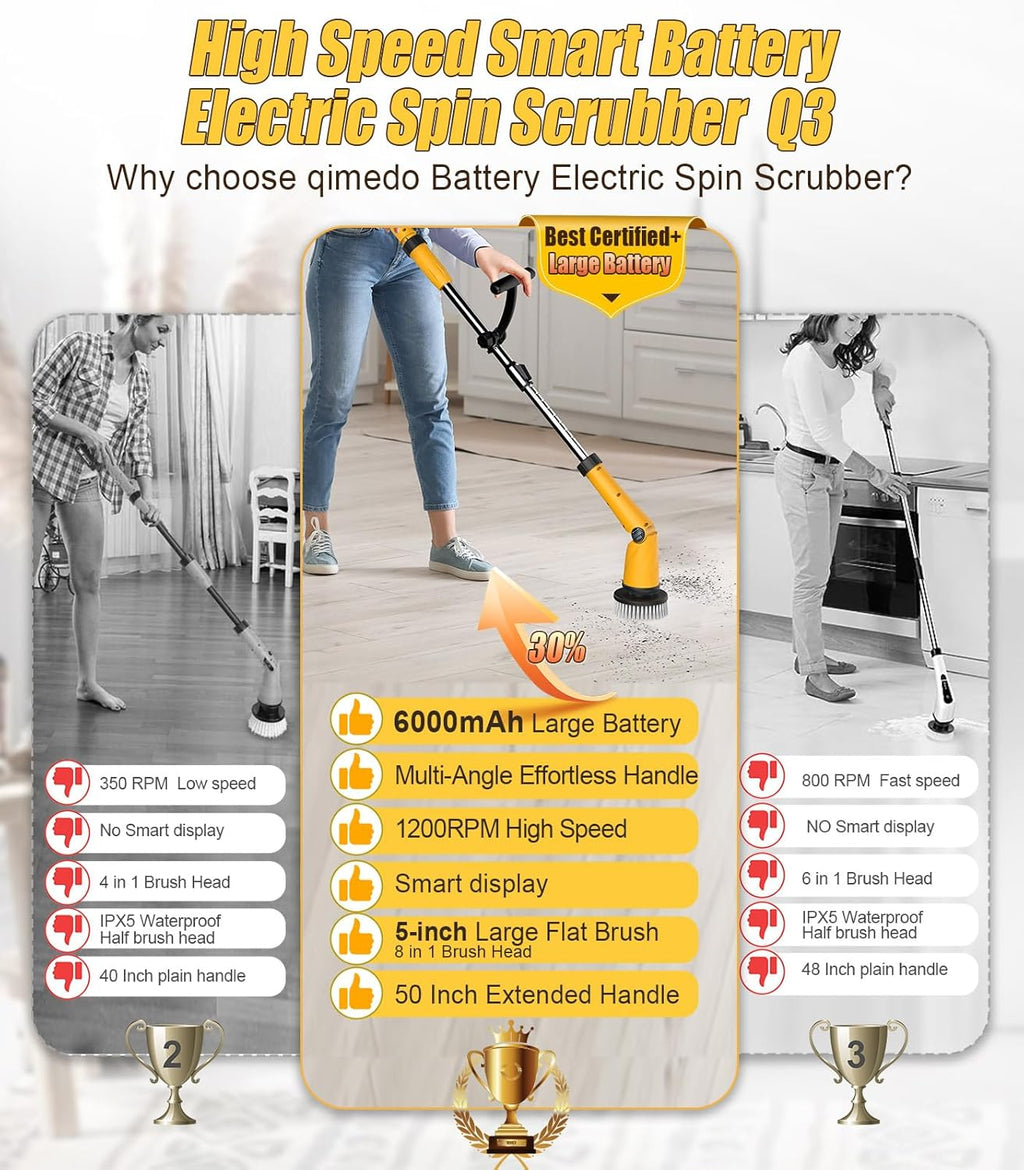 Qimedo Electric Spin Scrubber Extra Large Brush Q3,6000 mAh Best Battery Power Scrubber for Cleaning,1200RPM Shower Cordless Cleaning Brush with 8 Brushes for Bath/Tub/Tile/Floor (Smart Display)