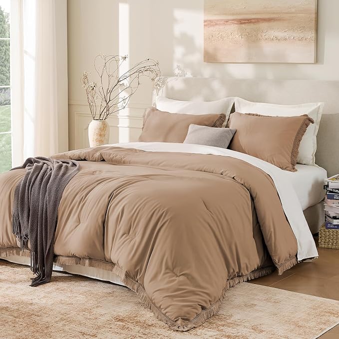 Andency Taupe Comforter Set Full Size, 3 Pieces Boho Tassel Lightweight Bedding by Andency