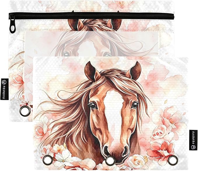 Brown Horse Watercolor Flower Pencil Pouch by BOENLE-WELCOMEYOURCOMING