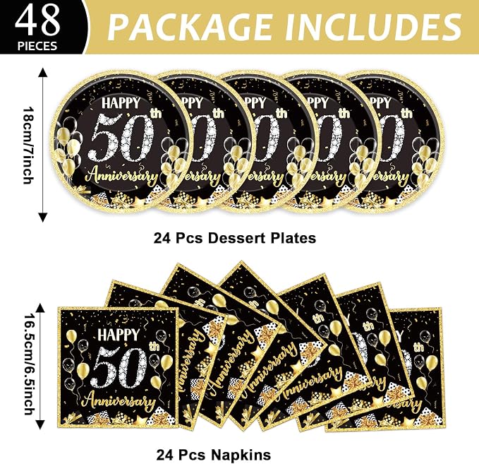48Pcs 50th Anniversary Paper Plates Napkins Wedding Party Decorations Employee - Image 2