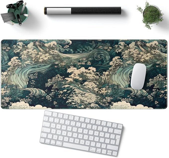 Japanese Large Mouse Pad Gaming Sea Wave Desk Pad Blue Sea Flower Art - Image 5
