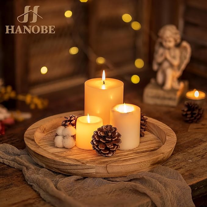 Hanobe Wooden Decortaive Coffee Table Tray, Round Candle Holder Centerpiece | - Image 2