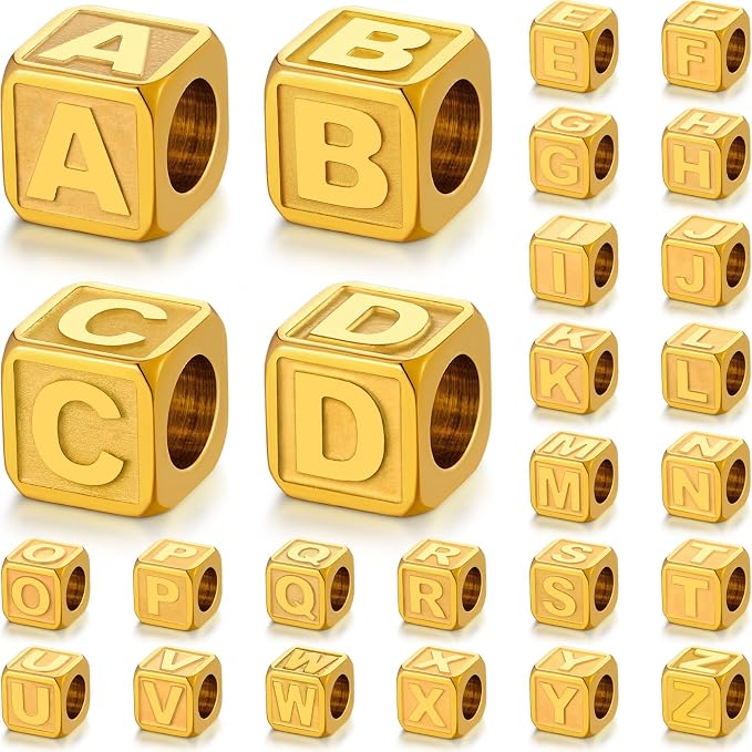 26 Pcs Non-Tarnish Gold Metal Letter Beads, Stainless Steel 88mm Large Square by DoDoBeads