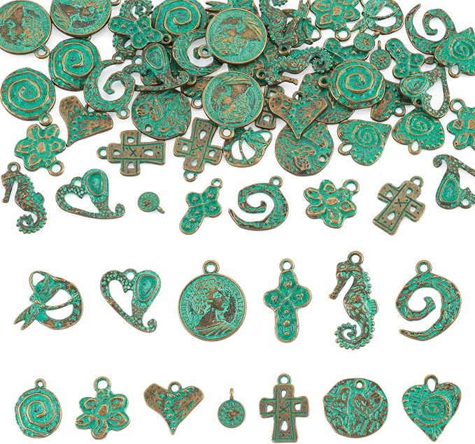 52Pcs Antique Turquoise Green Charms 13 Tibetan Style Alloy Vintage Pendants by Craftora