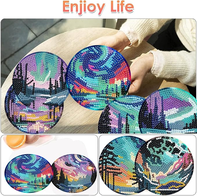 ijbnhd 8 Pcs Aurora Diamond Art Coasters Kits Landscape 4x4 inch | Diamond - Image 2