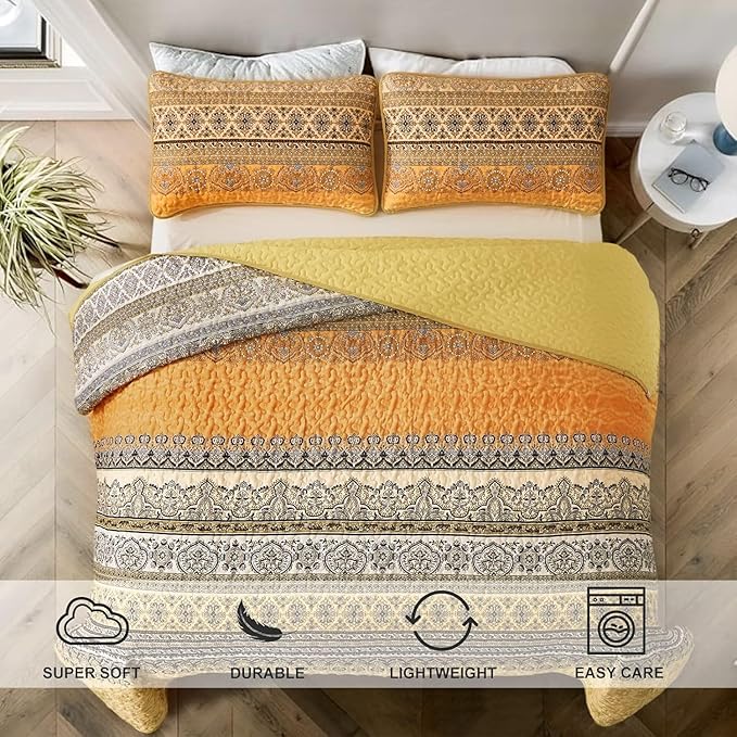 WONGS BEDDING Yellow Orange Bohemian King Quilt, Boho Quilt King Size, - Image 3