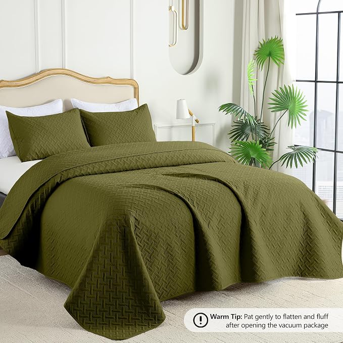FLYMME Quilts King Size, Lightweight Olive Green Bedspreads, Basket Weave - Image 2