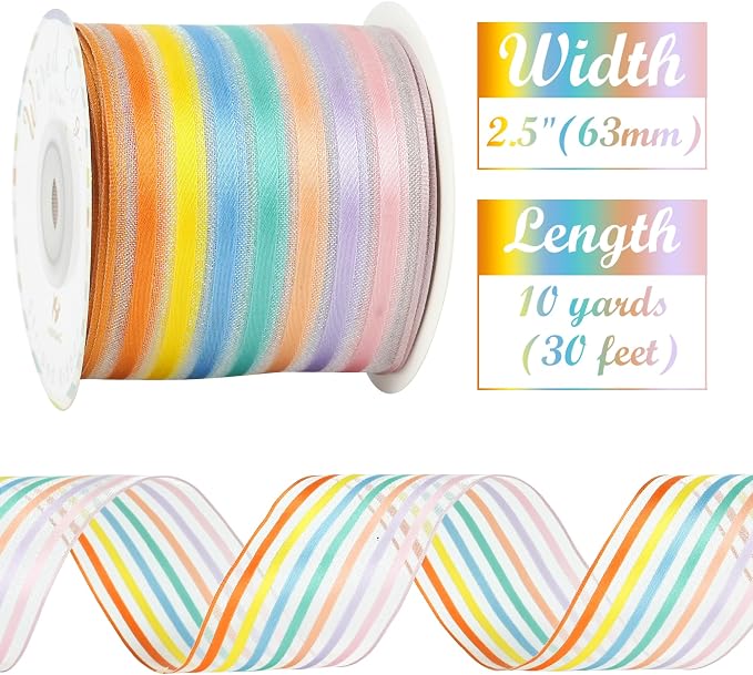 HUIHUANG Pastel Striped Sheer Wired Ribbon 2.5 inch X 10 Yards Rainbow Stripes - Image 2