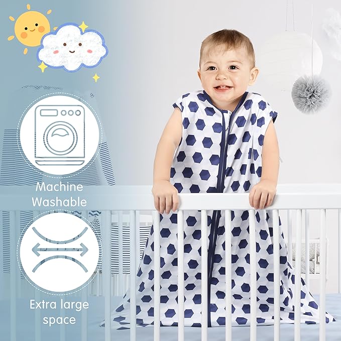 Baby Sleeping Bag 2-Way Zipper Toddler Wearable Blankets Comfy Stretchy Lightweight TOG 0.5 (Soccer & Triangles, M)