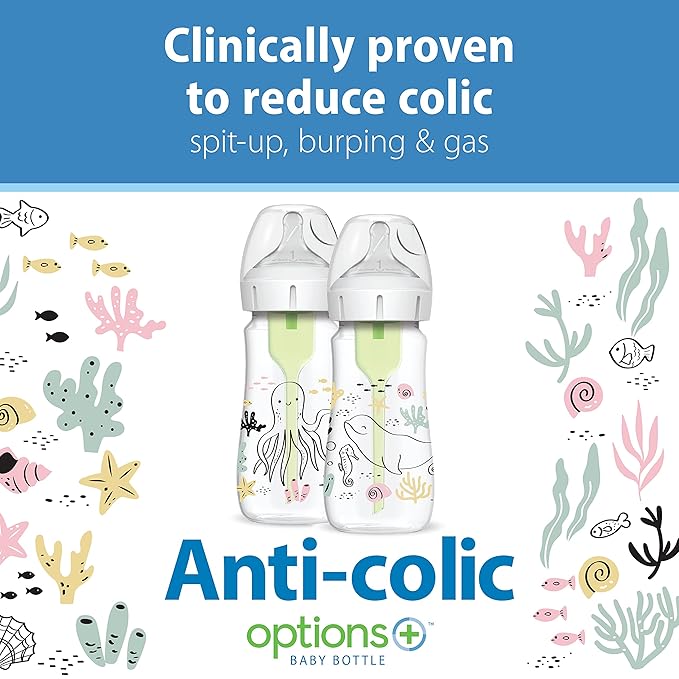 Dr. Brown’s Natural Flow® Anti-Colic Options+™ Wide-Neck Baby Bottle Designer Edition Bottles, Ocean Decos, 9 oz/270 mL, Level 1 Nipple, 2-Pack, 0m+