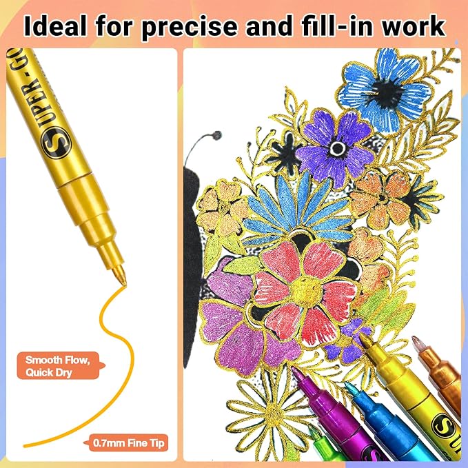 SAKEYR Super Golden Metallic Paint Markers, 12 Colors Sparkle Metallic Glitter - Image 3