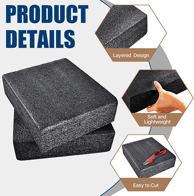 2 PCS Polyethylene Foam Block 12 x 10 x 3.5 In Black Packing Sheet, Thick Foam - Image 3
