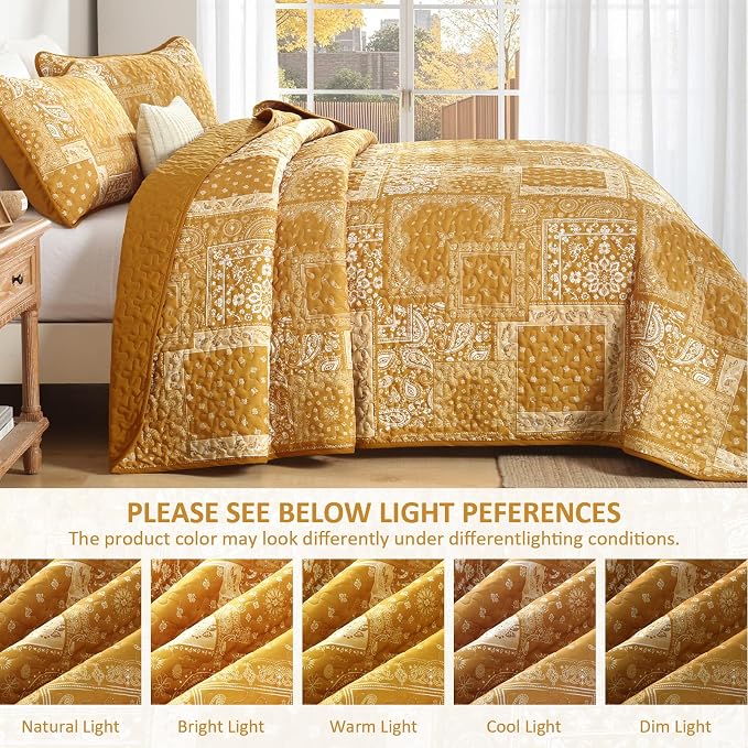 Cottolester Boho Quilt Set Queen Size, 3 Pieces Yellow Patchwork Paisley Quilt - Image 5