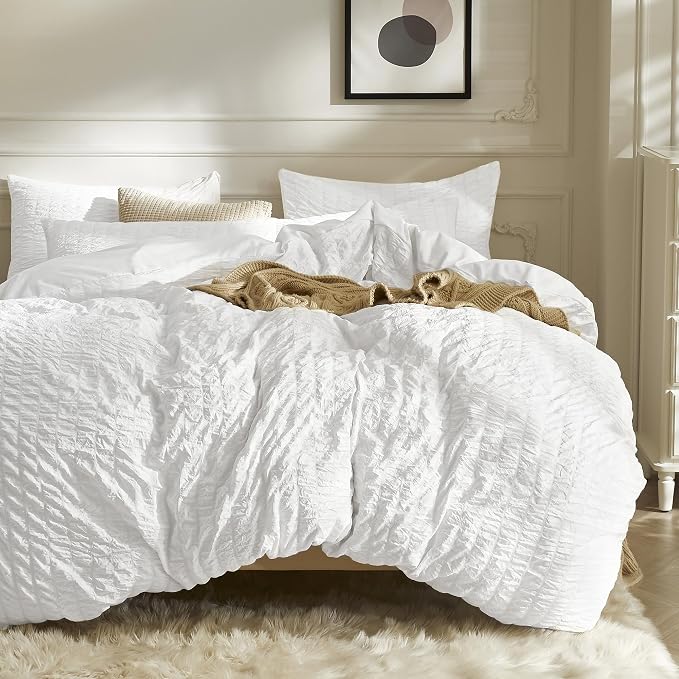 JELLYMONI Bright White Duvet Cover Twin Size, Soft Breathable Seersucker Duvet by JELLYMONI