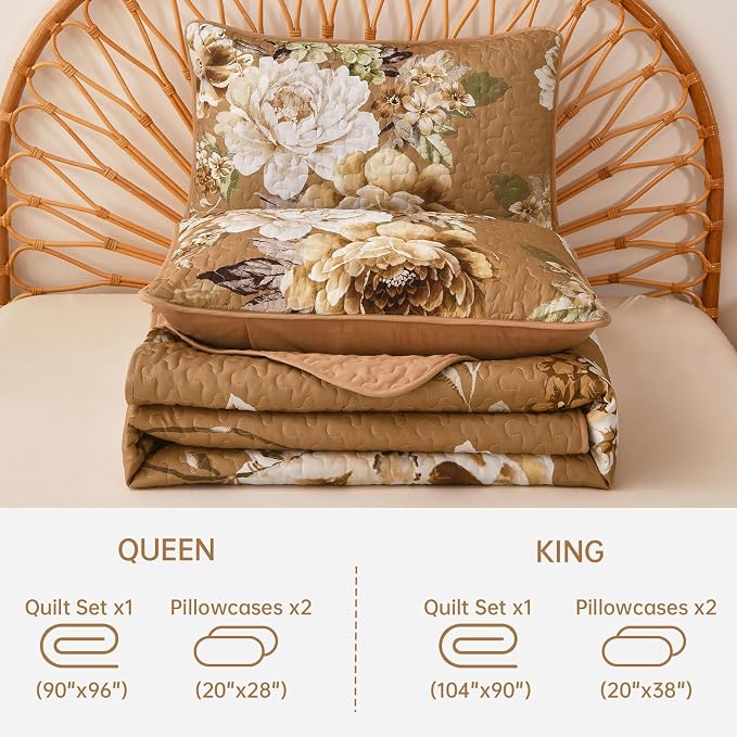 WONGS BEDDING Floral Quilt Set Brown Queen, Quilted Printed Lightweight - Image 7