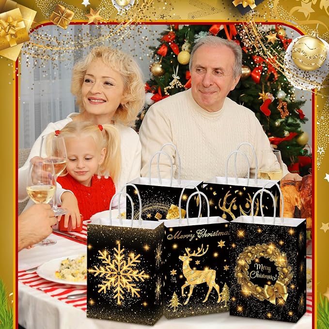Kolldenn 24 Pcs Christmas Party Favors Bags Black and Gold Christmas Goodie - Image 6