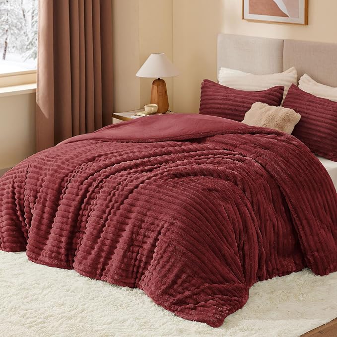 BEDELITE Fleece King Comforter Set -Super Soft & Warm Fluffy Burgundy Bedding - Image 3