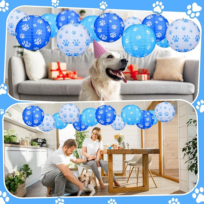 Panelee 12 Pcs Dog Paw Print Paper Lanterns Puppy Themed Party Decorations Blue - Image 5
