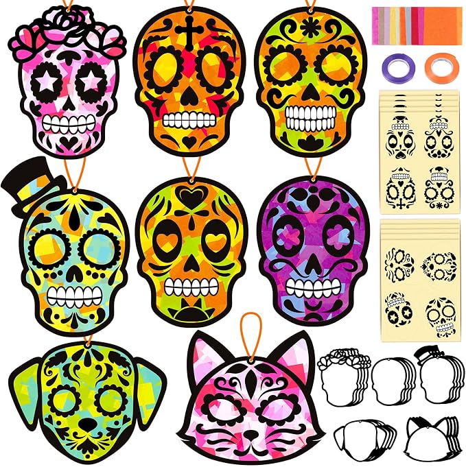 Renbuzhu 36PCS Dia De Los Muertos Crafts Bulk: Sugar Skull Paper Suncatchers by Renbuzhu
