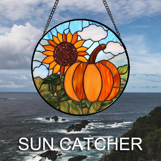 DASTOLL Stained Glass Window Hanging Fall Farm Scenery Sunflower Pumpkin 9.8" - Image 2