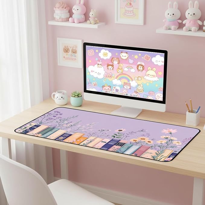 Purple Book Desk Pad Mat XXL, Lavender Flower Large Mousepad, Game Desk Mat - Image 3