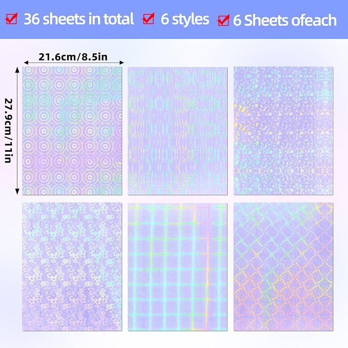 36 Sheets Holographic Laminate Sheets 8.5x11 Inch Self Adhesive 6 Patterns | - Image 4
