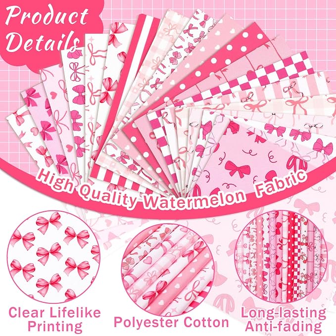 HunnmingRe 20 Pcs 10''x10'' Pink Bow Quilting Fabric Square Coquette Bow - Image 3